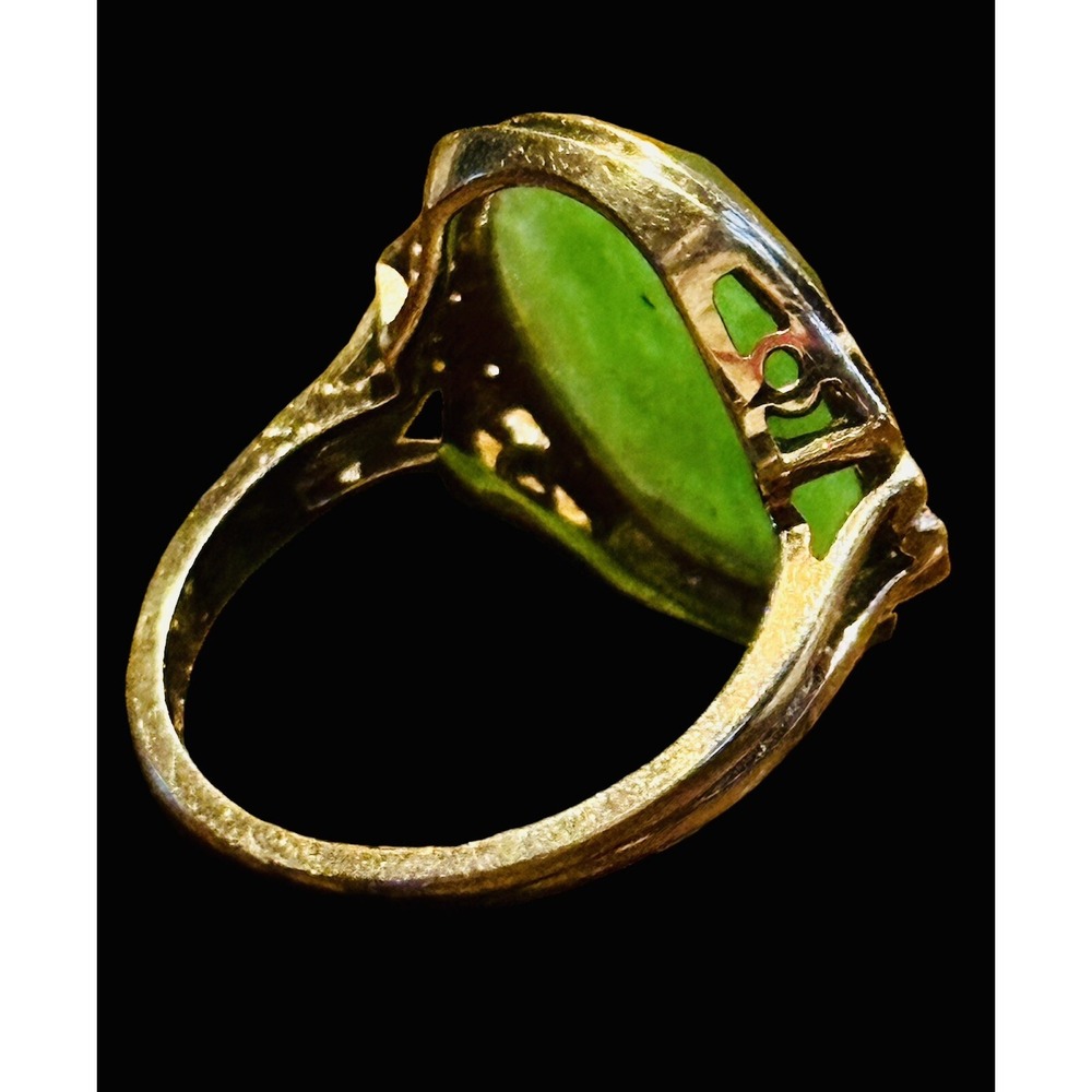Art Deco 10K Yellow Gold Diamond Cut Natural Jadeite Stone Ring Size 6 Vtg OOAK - Picture 4 of 10